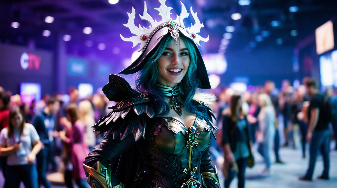 Cosplayer photographed at a convention (demonstration imagery)