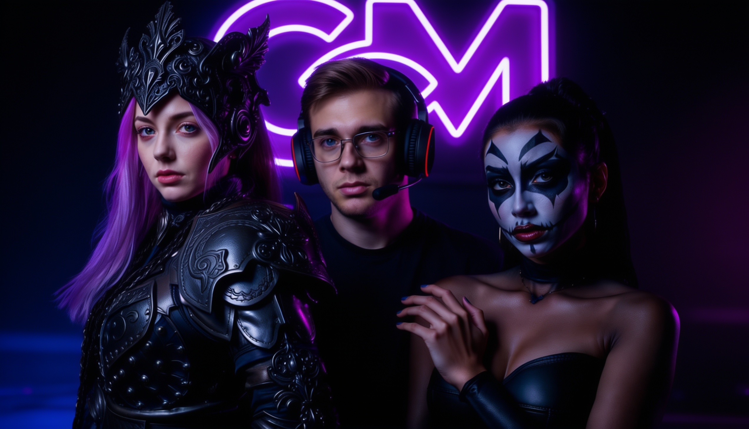Editorial composition of gaming and cosplay creators in dramatic studio lighting (demonstration imagery)