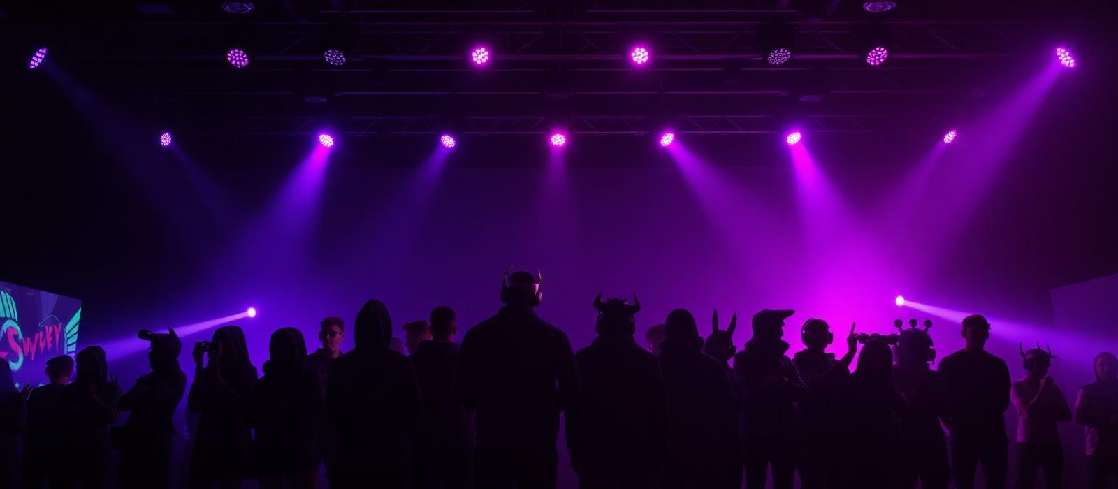 Creators silhouetted under ultraviolet stage lighting (demonstration imagery)